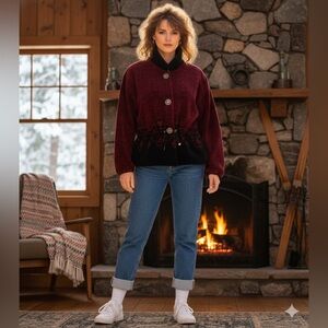 Duffel Fleece Teddy Bear Coat Red Black 80s Buttons Damask Print Winter Vintage